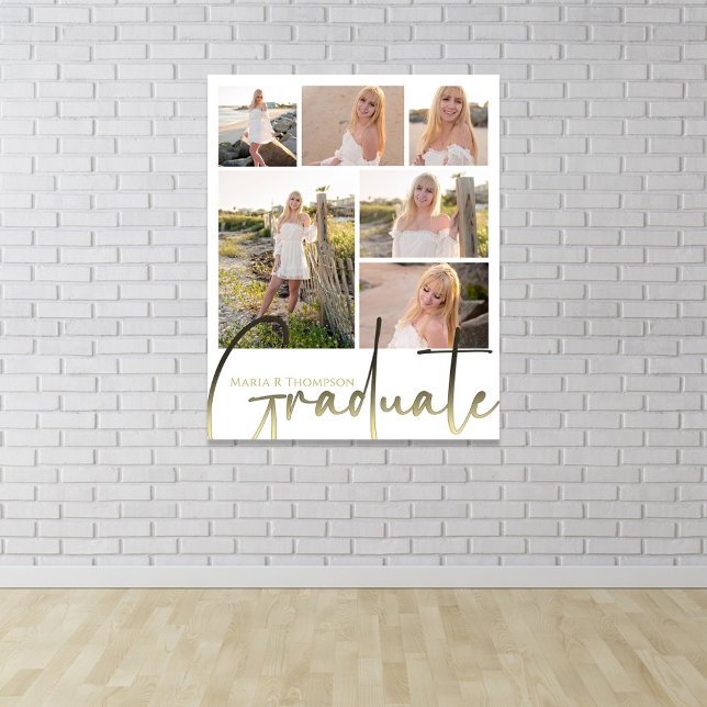 Affiche Collage de photos multiples Script de fin d'études (Graduation photo collage poster with elegant gold script and custom name.)
