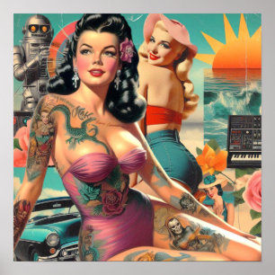 Affiche Collage de pin-up d'été tatoué