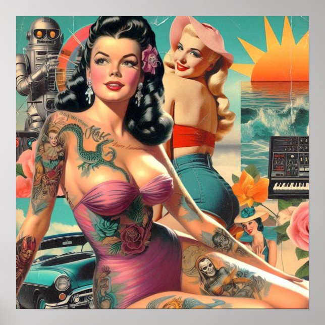 Affiche Collage de pin-up d'été tatoué (Devant)