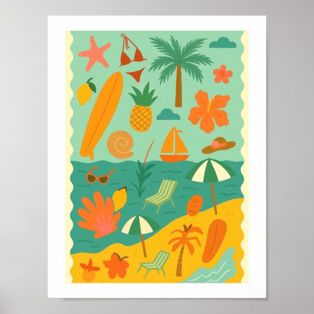 Affiche Collage de plage tropicale rétro Surf Vacances d'é (Devant)
