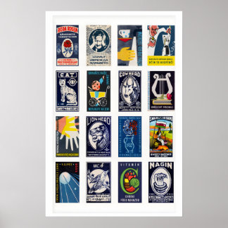 Affiche Collage d'étiquette de boite d'allumettes bleu fon
