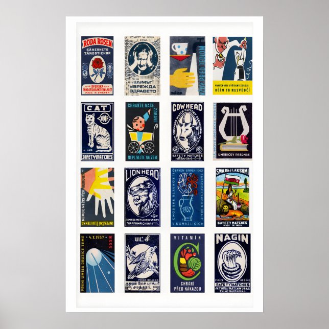Affiche Collage d'étiquette de boite d'allumettes bleu fon (Devant)