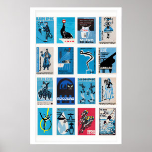 Affiche Collage d'étiquettes de boîtes d'allumettes bleues