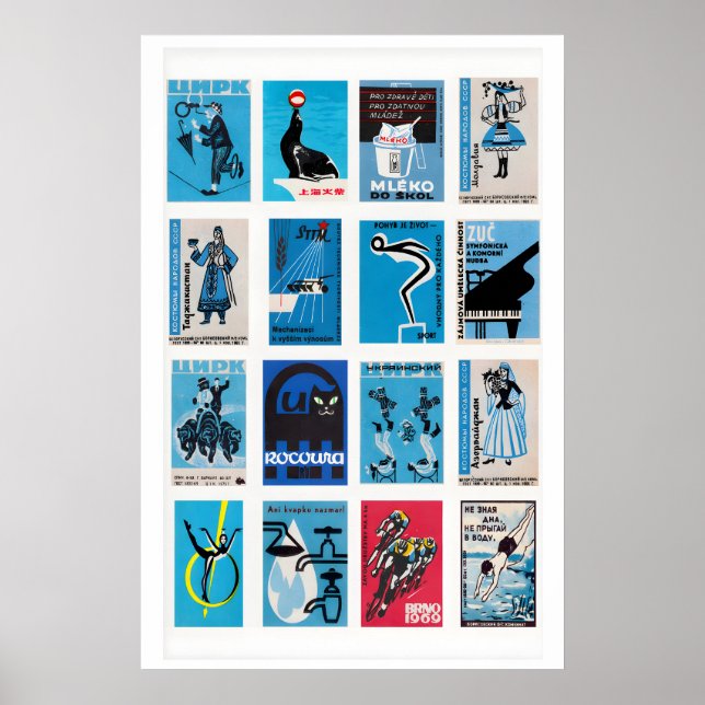 Affiche Collage d'étiquettes de boîtes d'allumettes bleues (Devant)