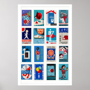 Affiche Collage d'étiquettes de boîtes d'allumettes bleues