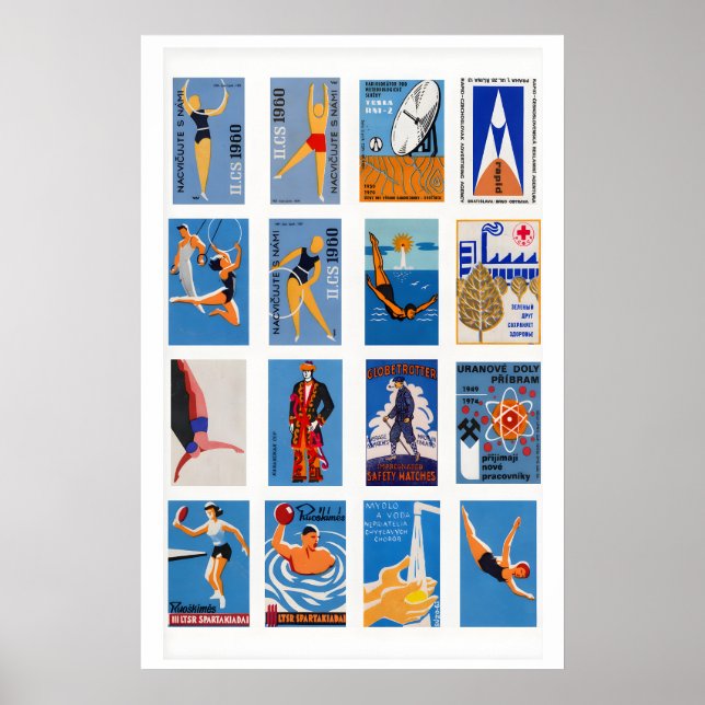Affiche Collage d'étiquettes de boîtes d'allumettes bleues (Devant)