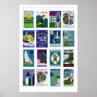 Affiche Collage d'étiquettes de boîtes d'allumettes bleues