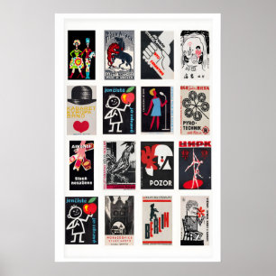 Affiche Collage d'étiquettes de boîtes d'allumettes noires