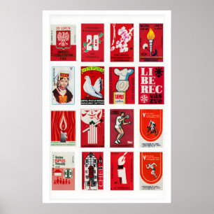 Affiche Collage d'étiquettes de boîtes d'allumettes rouges