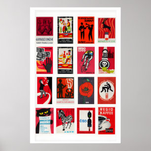 Affiche Collage d'étiquettes de boîtes d'allumettes rouges
