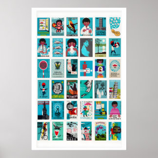 Affiche Collage d'étiquettes de boîtes d'allumettes turquo