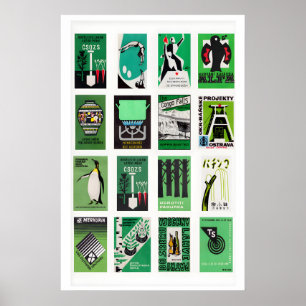 Affiche Collage d'étiquettes de boîtes d'allumettes vertes