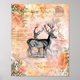 Affiche Collage floral de cerf vintage