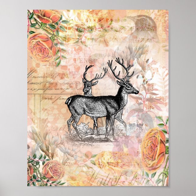 Affiche Collage floral de cerf vintage (Devant)