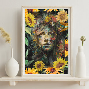 Affiche Collage floral de tournesol femme jaune Portrait