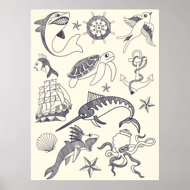 Affiche Collage Nautique Ancien Sailor Tattoos (Devant)