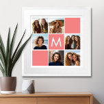 Affiche Collage photo de corail et blanc Monogramme person<br><div class="desc">Vous pouvez utiliser des photos Instagram pour cette conception. Utilisez 6 photos carrés pour créer un cadeau unique et personnel. Ou vous pouvez garder le chiot hipster et faire un gardien branché. Si vous avez besoin d'ajuster les images,  cliquez sur l'outil personnaliser pour apporter des modifications.</div>