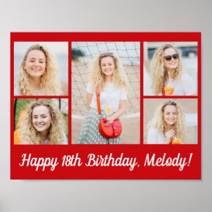 Affiche Collage photo de fête d'anniversaire rouge vif