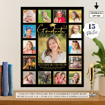Affiche Collage photo de l'étudiant moderne Black Gold 15<br><div class="desc">Créez un tableau en mousse de mémoire photo de fête de remise de diplômes en utilisant ce modèle de collage photo facile à télécharger pour 15 photos de votre diplômé au cours des années encadrées d'une bordure en or et personnalisées avec le nom, l'année de classe et l'école ou d'autres...</div>