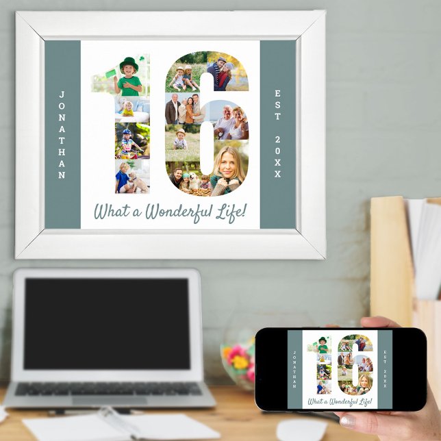 Affiche Collage photo en forme de numéro 16 pour 16e anniv (Créateur téléchargé)