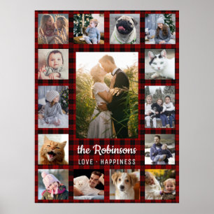 Affiche Collage Photo Famille 15 + Nom Red Buffalo Plaid