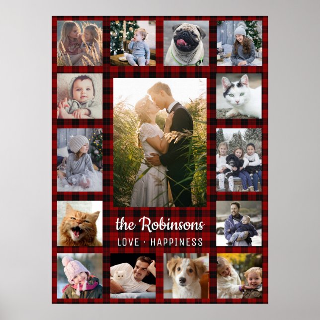 Affiche Collage Photo Famille 15 + Nom Red Buffalo Plaid (Devant)