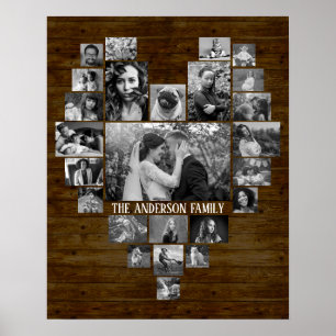 Affiche Collage Photo Famille 25 B&W Heart Pics + Nom Wood