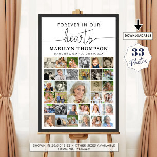 Affiche Collage photo funéraire 33 coeurs manuscrits