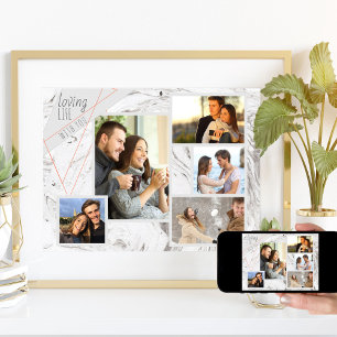 Affiche Collage photo personnalisé 5 Love Life Gris Marble