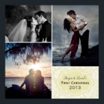 Affiche Collage photo personnalisé First Christmas Damask<br><div class="desc">Belle affiche de Noël avec (3) de vos photos personnelles dans un collage. Personnalisez avec le nom du couple et d'autres informations - dans un cadre moderne sur un arrière - plan damassé. Ajoutez vos photos préférées et créez une belle impression de keepsaké. Cliquez sur Customiser pour déplacer des photos,...</div>