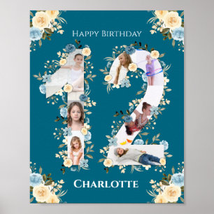 Affiche Collage photo turquoise Fleur Jaune 12e anniversai