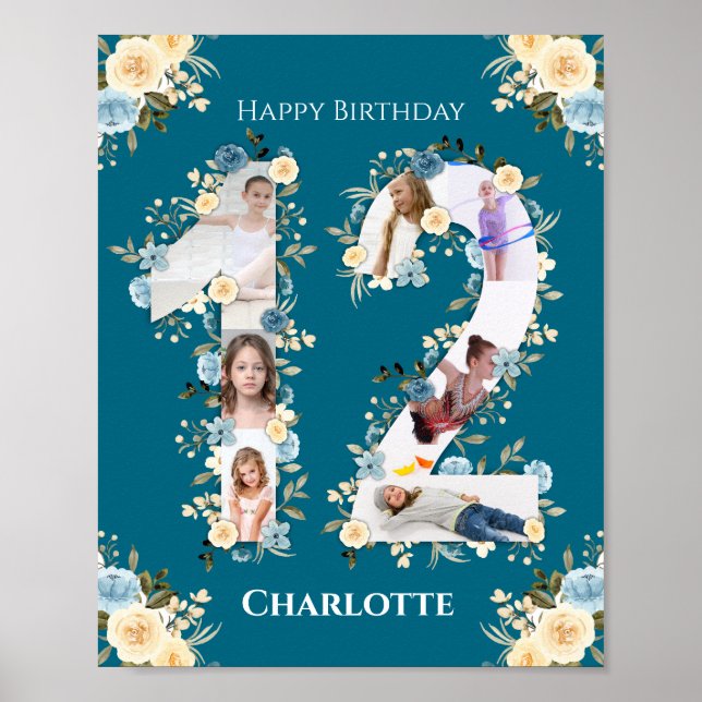 Affiche Collage photo turquoise Fleur Jaune 12e anniversai (Devant)