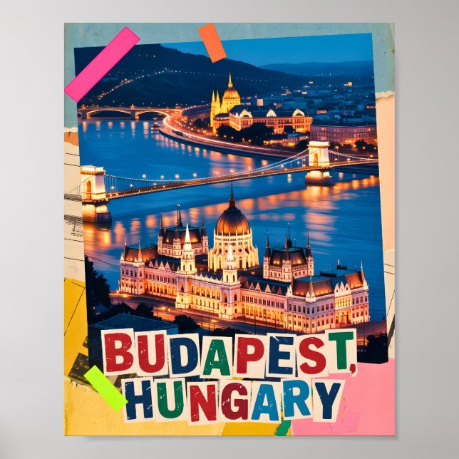 Affiche Collage Pop Art Paysage Urbain de Nuit Budapest Ho (Devant)