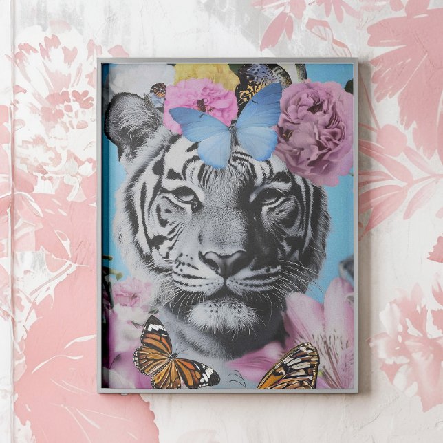 Affiche Collage Retro Pop Art Tiger et Papillons (Retro-inspired collage featuring a striking tiger adorned with soft florals and butterflies. )