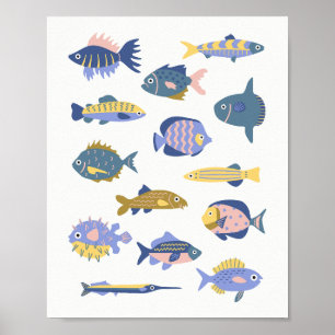 Affiche Collection de petits poissons dessinés à la main e