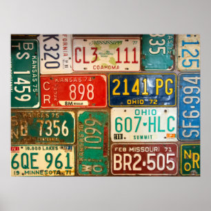 Affiche collection de plaques d'immatriculation rétro roui