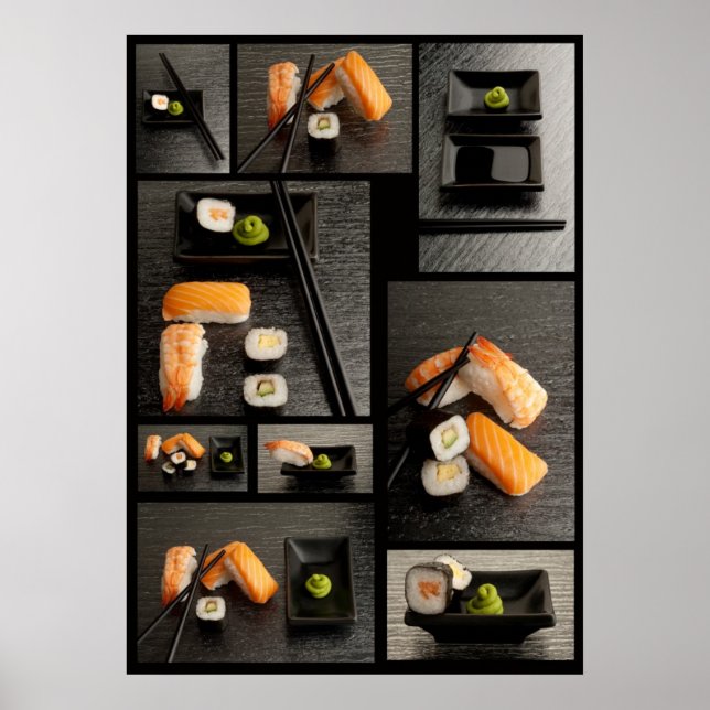 Affiche Collection de sushis sur arrière - plan noir (Devant)
