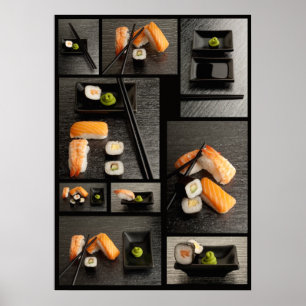 Affiche Collection de sushis sur arrière - plan noir