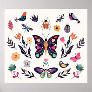 Affiche Collection d'éléments d'été du printemps à main wi