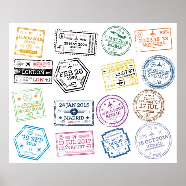 Affiche Collection of Passport Stamps Isolated on White. V (Devant)