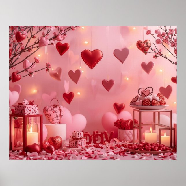 Affiche Collection of Pink and Red Hearts on a Modern Wall (Devant)