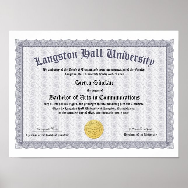 Affiche Collège d'honneur ou réplique de diplôme universit (Devant)