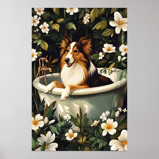 Affiche Collie In Bathtub Poster, Funny Dog Poster, Collie (Devant)