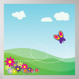 AFFICHE COLLINE AVEC BOUTEILLE ET FLEURS