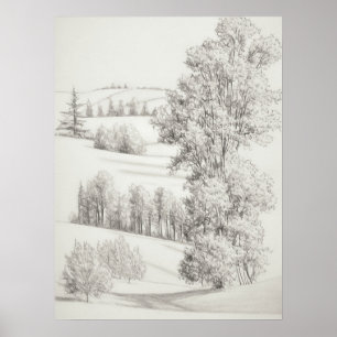 Affiche Collines et arbres à rouleaux Croquis, gravure vin