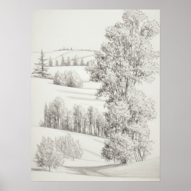 Affiche Collines et arbres à rouleaux Croquis, gravure vin (Devant)