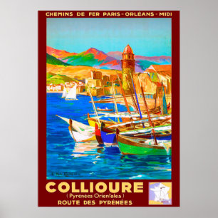 Affiche Collioure, Pyrénées, France, bateaux dans le port,