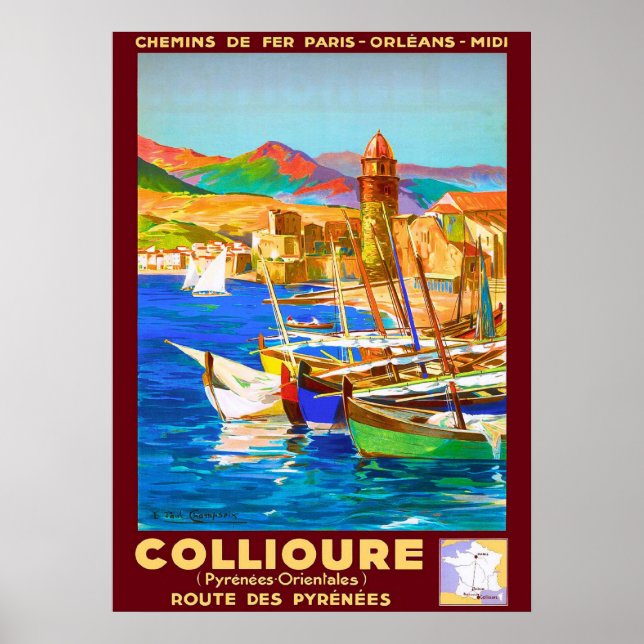 Affiche Collioure, Pyrénées, France, bateaux dans le port, (Devant)