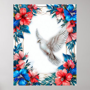 Affiche Colombe blanche dans un cadre bleu orné
