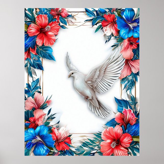 Affiche Colombe blanche dans un cadre bleu orné (Devant)